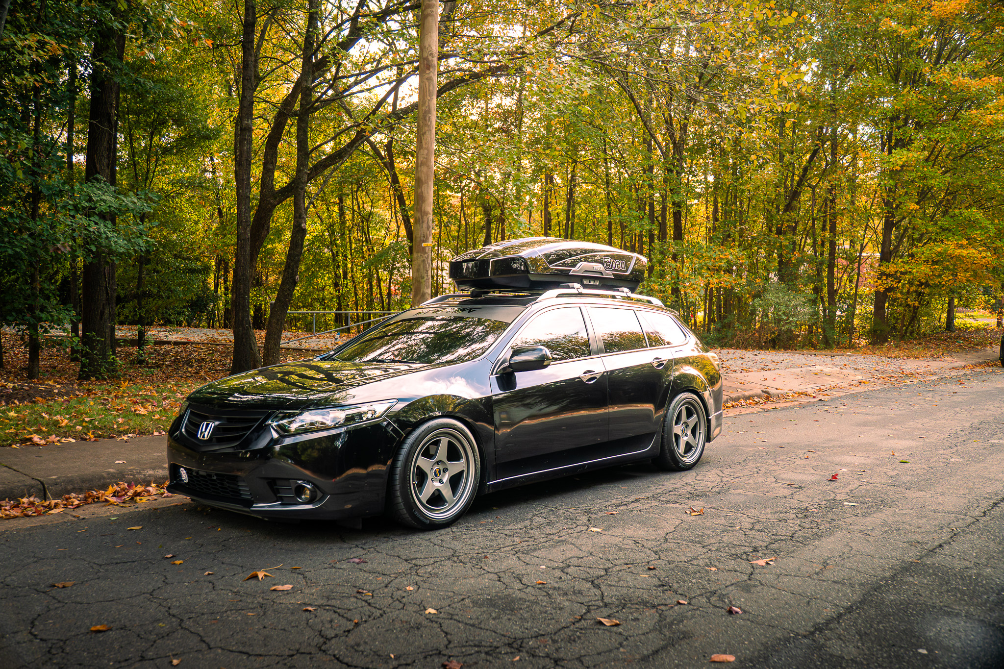 Black Acura wagon with roof box in an autumn forest setting