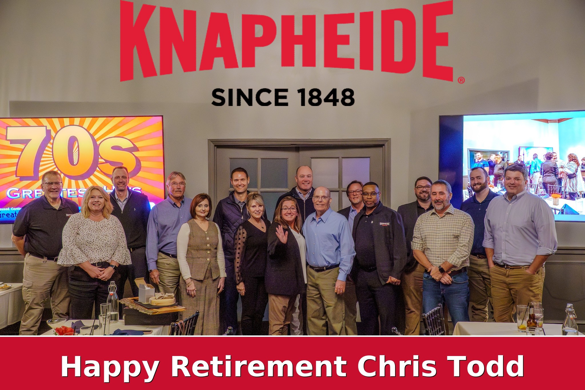 Retirement celebration banner graphic with group photo and text overlay